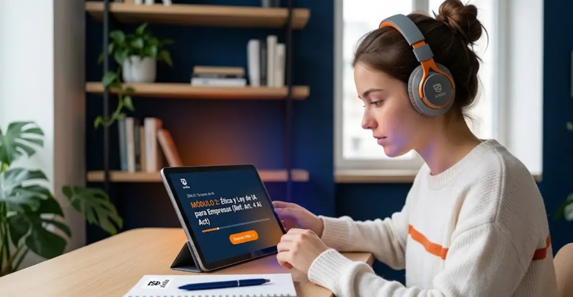 Alumna siguiendo el curso Zinlio en una tablet con auriculares